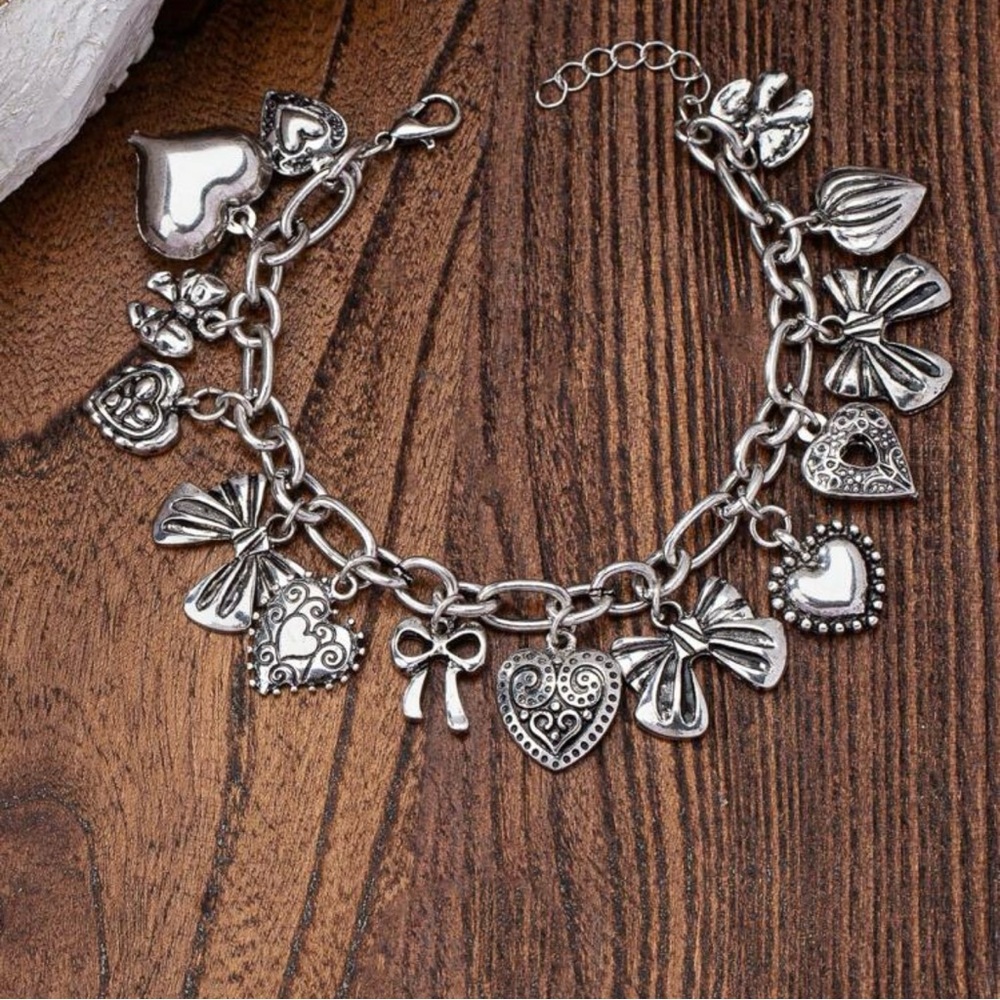 Silver Bow Heart Charm Bracelet